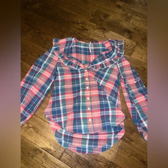 Free People Molly Ruffle Top Plaid Size Small - Picture 2 of 7
